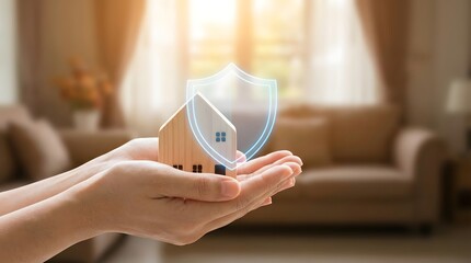 Fototapeta premium Hands cradle a miniature house under a protective shield symbolizing home security and insurance
