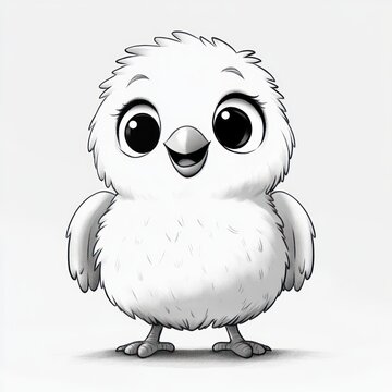 adorable fluffy baby bird with large round eyes, small wings and stubby feet smiling while standing on a plain white background