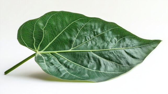 large glossy green leaf with prominent veins and petiole on a clean white background conveying calm fresh minimalist botanical study