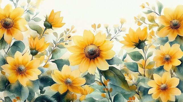 soft watercolor painting of yellow sunflowers and green leafy stems with delicate petals and a warm sunny cheerful mood