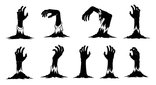 Zombie hands emerging from the ground in silhouette style