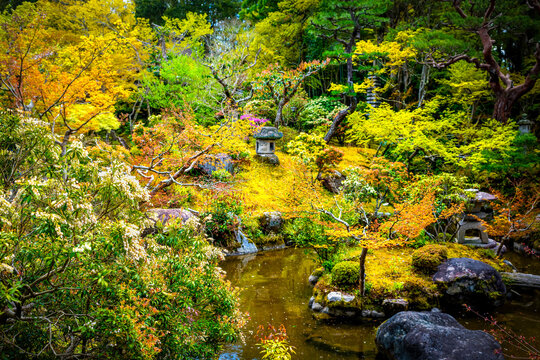 Nara, Japan Yoshikien Japanese garden in spring with stone lanterns by pond maple trees by traditional Japanese tea house architecture
