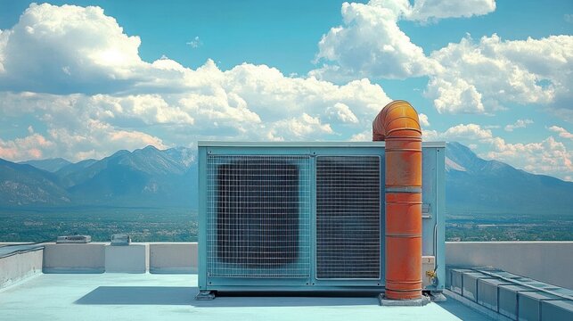 Solitary rooftop air conditioning unit with rusted orange exhaust pipe on a white flat roof, distant mountain range under a dramatic blue sky with fluffy clouds, calm and serene