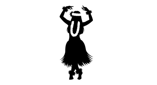 Silhouette of a hula dancer wearing a lei and grass skirt
