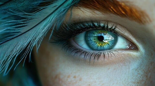 Close-up of a blue-green eye with intricate iris detail, long lashes, teal feather near the brow, freckled skin and an intense, curious gaze