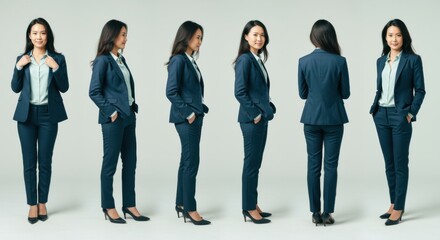 Fototapeta premium Young East Asian businesswoman in navy blue suit shown in sequential poses against a light background for corporate talent, professional services and career recruitment