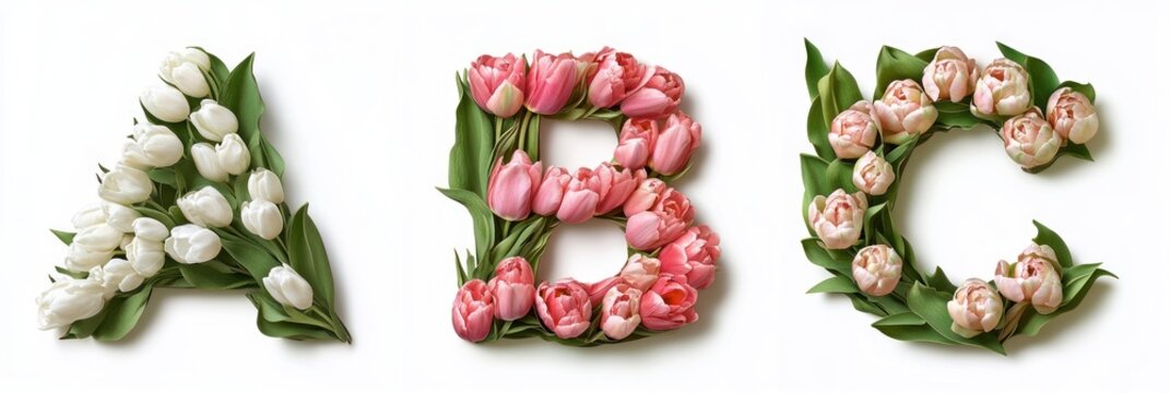 floral alphabet letters a b c formed from white, pink and peach tulips with green leaves on white background, fresh cheerful spring arrangement