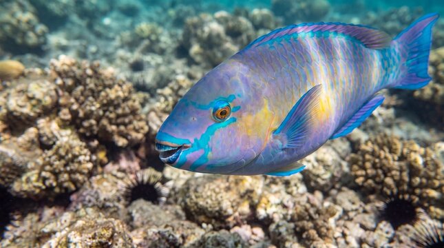 Vividly colored parrotfish swims through vibrant coral reef ecosystem with intricate textures and fascinating marine life