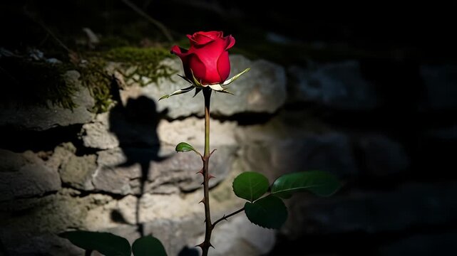A radiant red rose in full bloom shines against a stone wall amidst deep shadows