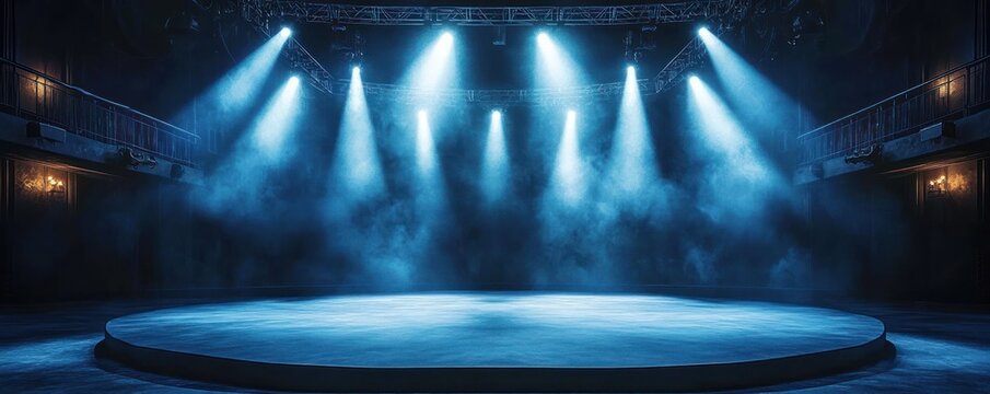 Empty circular stage bathed in blue spotlights with swirling fog in an ornate dark theater, evoking a dramatic, suspenseful atmosphere of anticipation