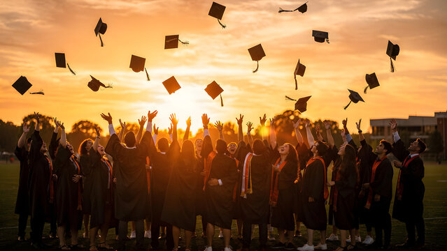 Students Celebrating Graduation Throwing Hats in the Air