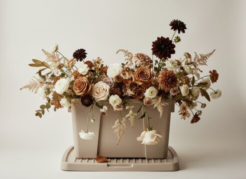 A mass of mixed cut flowers in a mocha brown plastic storage bin on a neutral backdrop for florist branding, lifestyle content and creative advertising