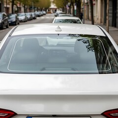 Fototapeta premium Rear Window View of a White Car Parked on a City Street.