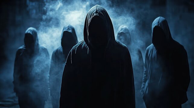 Five hooded figures shrouded in blue fog with hidden faces, creating an ominous, mysterious and unsettling atmosphere