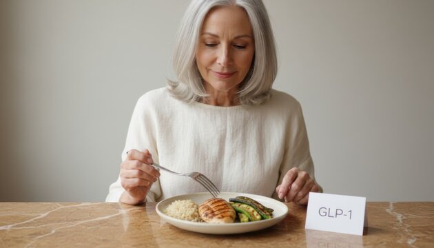 Senior woman eating a balanced meal of grilled chicken and rice for healthcare nutrition, weight management programs and medical diet lifestyle concepts