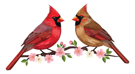 Northern cardinal birds perched on a flowering branch vector illustration © AMENA KHATUN