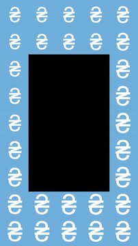 Animated Seamless Pattern Of Pulsating Self-Drawing Ukrainian Hryvnia Currency Symbols On A Blue Background With Transparent Text Area In Center, Seamless Loop, Codec ProRes 4444, 9:16 Vertical Video