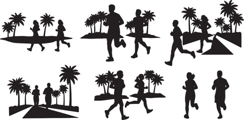 Black Solid Beach Runner Palm Silhouettes Set of Six on White Background © AADIL