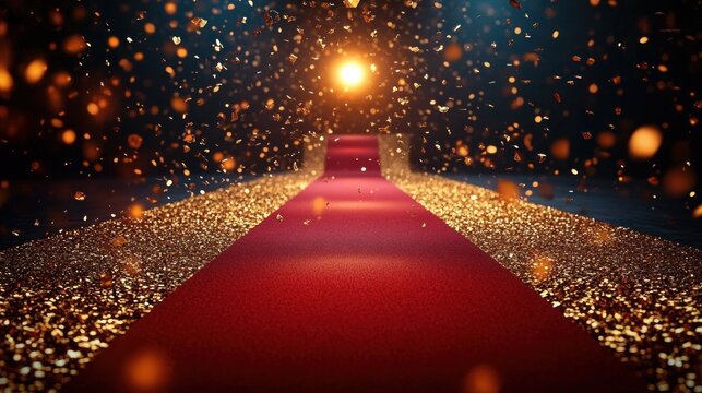 red carpet aisle lined with gold glitter and floating confetti leading to a bright spotlight, glamorous celebratory atmosphere of anticipation