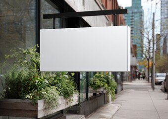 Fototapeta premium Blank rectangular signage suspended outside a storefront with plants
