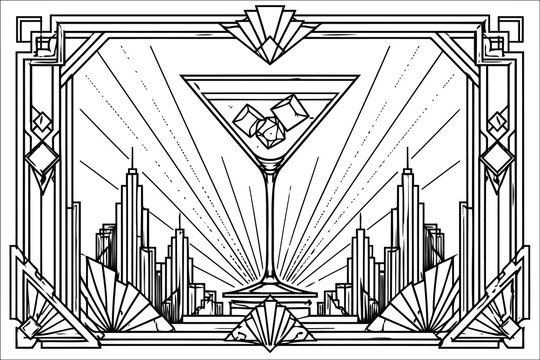 Art deco style martini glass with city skyline background vintage illustration Vector