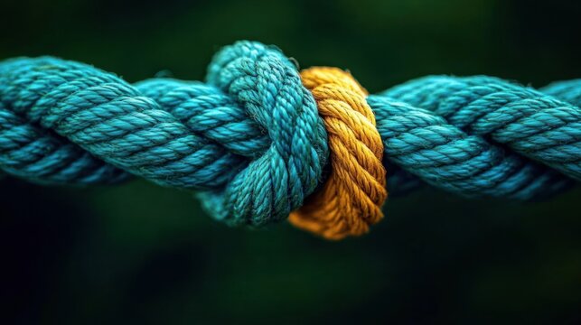 close-up of tightly knotted teal braided rope secured with a yellow wrap against a dark green bokeh background, conveying strength and unity