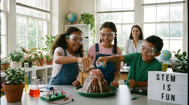 Children enthusiastically conduct a volcano science experiment wearing safety goggles and learning together