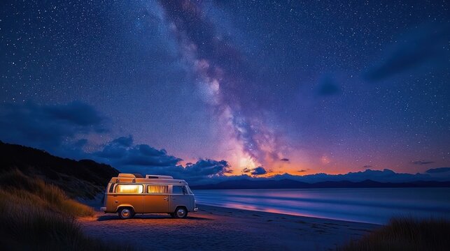 vintage camper van parked on a sandy beach at night with glowing interior beneath a vibrant milky way, calm ocean, distant mountains and peaceful awe-filled twilight