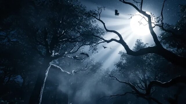 Dramatic scene of sun rays piercing through trees in a misty forest landscape at dusk with branches and leaves.