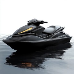 Naklejka premium sleek black personal watercraft with glowing yellow headlight floating alone on calm reflective water, modern sporty and luxurious