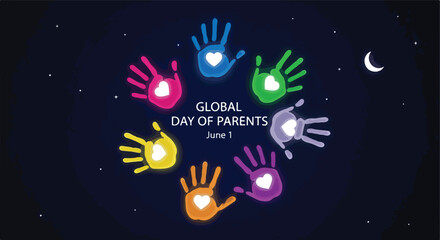 Global Day of Parents, colorful handprints with hearts, vector illustration, greeting card design © Ibnu