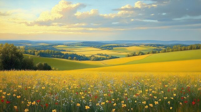 sunlit wildflower meadow in foreground, rolling golden fields and tree-lined hills under soft clouds, a peaceful tranquil summer countryside vista
