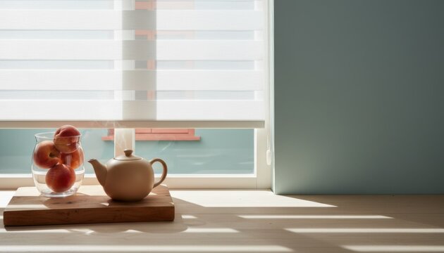 Zebra roller blinds hanging on a kitchen window with a ceramic teapot and peaches for home lifestyle blogs, interior decoration advertising and textile product catalogs