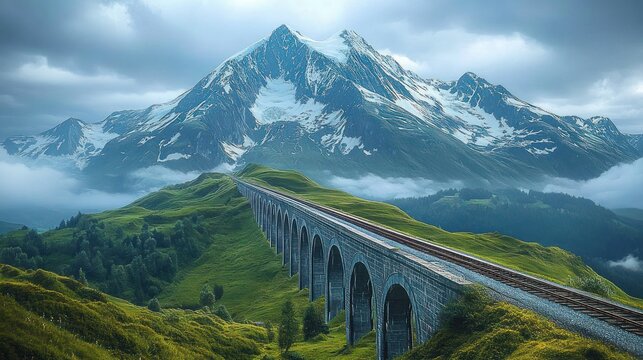 long stone railway viaduct with arched spans crossing green rolling hills toward a snow-capped mountain under a dramatic cloudy sky, serene and majestic