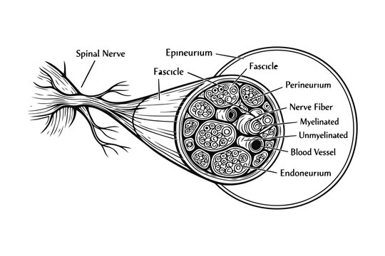 Anatomical diagram of a spinal nerve and nerve fiber structure Vector