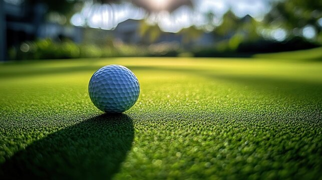 close-up of a dimpled golf ball casting a long shadow on a sunlit putting green with textured short grass and soft blurred trees and houses in the background, calm anticipation before a putt
