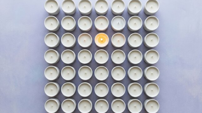 One Lit White Candle Glowing in a Grid of Unlit Meditation Tealights on Lavender Background for Wellness and Breathwork Advertising with Top Down Copy Space