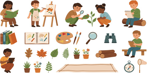 Fototapeta premium Flat vector illustration set of children engaged in nature study art and outdoor learning activities with magnifying glass and painting tools.