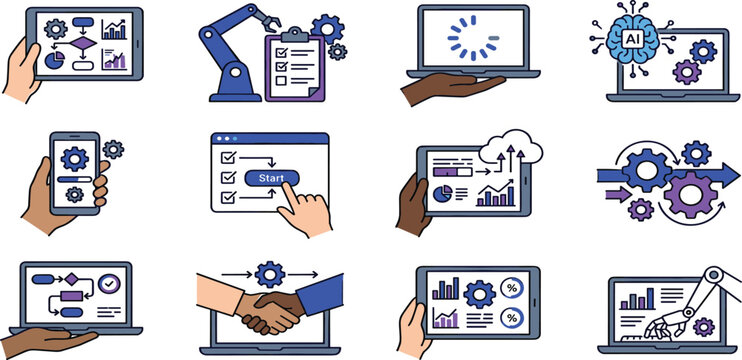 Flat vector illustration set for business process automation workflow optimization artificial intelligence robotic engineering and digital data management analytics software concepts.