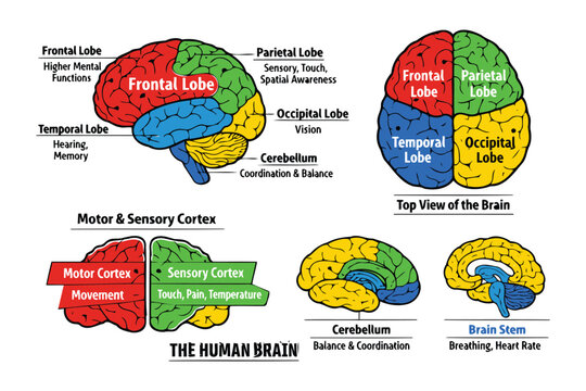 Colorful diagram of human brain lobes and functions Vector