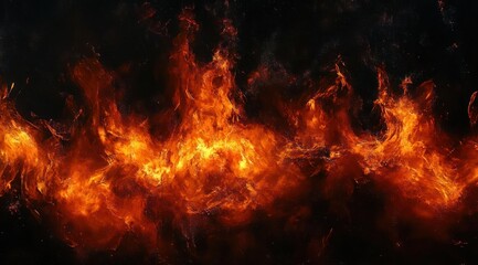Fototapeta premium roaring horizontal band of vivid orange flames and glowing embers against deep black, intense dramatic inferno energy