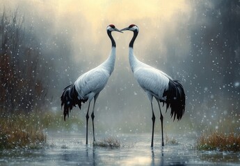 Fototapeta premium Two elegant white cranes with red crowns standing face to face in shallow water, snow falling in misty golden light, tender and serene