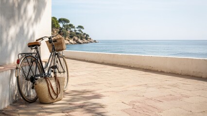 Fototapeta premium Vintage bicycle and beach bag on quiet seaside terrace
