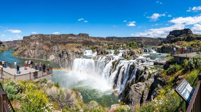 Panoramic View of Shoshone Falls with Rainbow and Tourists in Idaho