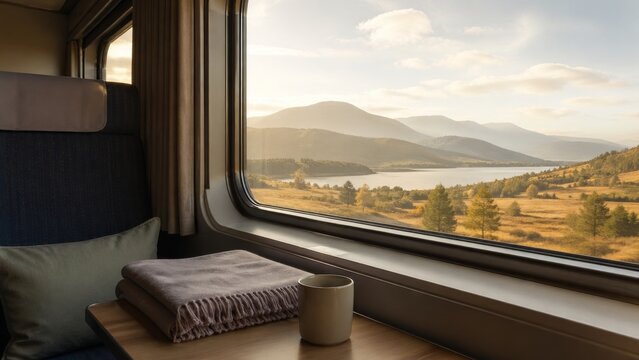 Scenic train window view across lake and mountains