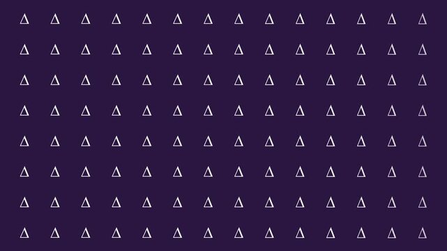 Animated Seamless Pattern Of Self-Drawing Delta Triangle Symbols On A Dark Purple Background, Seamless Loop, 4K Horizontal Video
