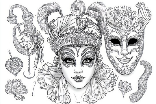 intricate masquerade headdress with ruffled collar, ornate jester hat, decorative carnival mask, embellished cane with bow, feathers and floral accents conveying elegant mysterious festive mood