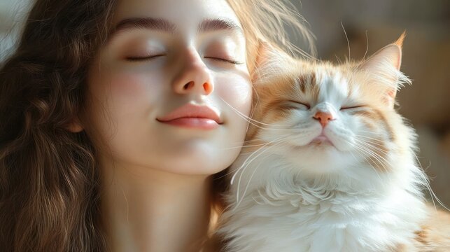 young woman with blurred face and long wavy hair holding a content fluffy white and ginger cat with closed eyes in a warm cozy affectionate moment