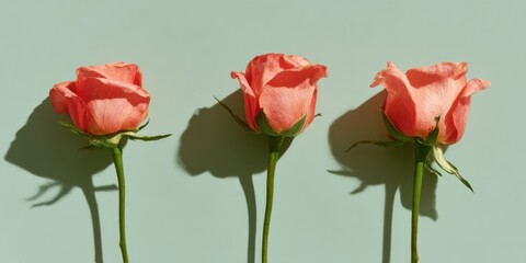 Naklejka premium Three coral pink roses with green stems arranged on a grey blue background for greeting card design, floral anniversary celebration and elegant sympathy stationery