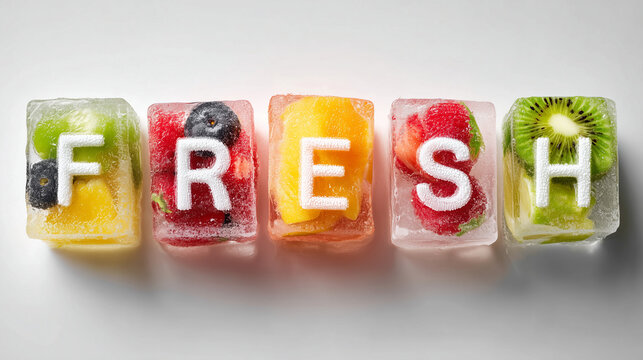 Fresh fruit frozen in ice cubes spelling word FRESH, vibrant minimal food typography with berries and citrus